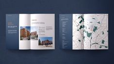 an open brochure with images of buildings on it