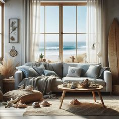 a living room filled with furniture and a surfboard