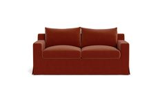 a red couch with two pillows on it's back and one arm facing the camera