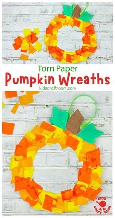 this paper pumpkin wreath is made with construction paper and glue it's the perfect fall craft for kids