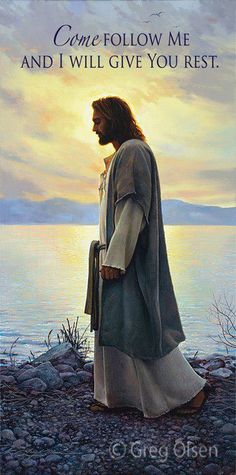 a painting of jesus walking along the water with his back turned to the camera,