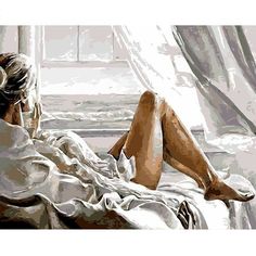 a painting of a woman laying on a bed looking out the window at the outside