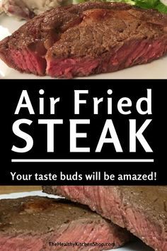 an advertisement for air fried steak on a plate with lettuce and mashed potatoes