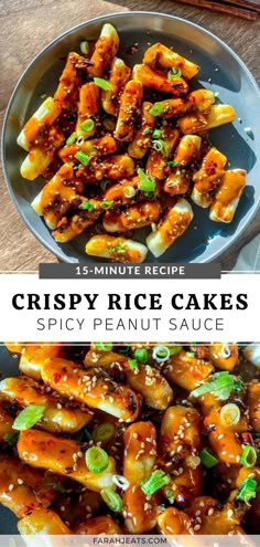 Top photo is of crispy rice cakes with spicy peanut sauce, served in a blue plate and garnished with green onions and sesame seeds. Next to the plate is a pair of wooden chopsticks. The bottom photo is a close up of the rice cakes. Crispy Tteokbokki, Crispy Korean Rice Cake, Rice Cake Sticks, Fried Rice Cakes Korean, How To Cook Rice Cakes, Korean Rice Cake Sauce Recipe, Crispy Rice Cakes Korean, Recipe With Rice Cakes, Things To Do With Rice Cakes