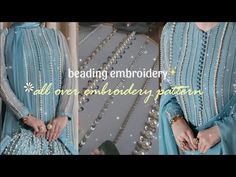 a woman in a blue dress with pearls on it and the words beading embroider