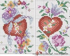 two cross stitched pictures with hearts and flowers on the same side, one is red