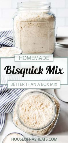 homemade bisquick mix in a glass jar on top of a counter with text overlay