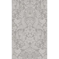 a grey and white floral wallpaper with leaves on the bottom, in an ornate pattern