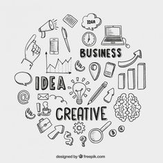 the word business idea surrounded by hand drawn doodles and icons in black on a white background