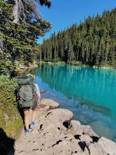 a person with a backpack is walking along the edge of a lake near some trees