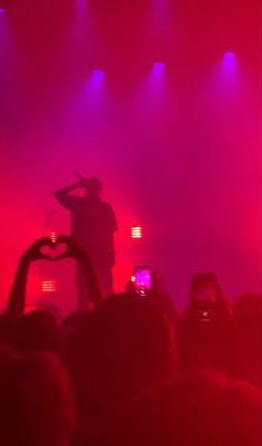 a man standing on top of a stage in front of purple and red lights at a concert