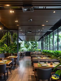 an empty restaurant with tables and chairs covered in plants