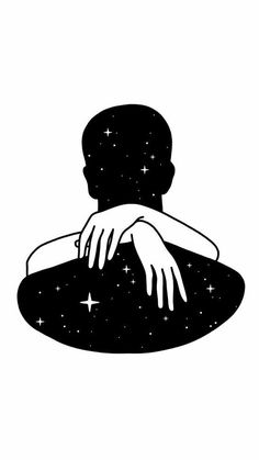 a black and white drawing of a person with their hand on the pillow, in front of stars