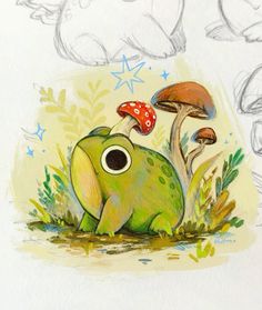 a drawing of a frog sitting in the grass next to mushrooms