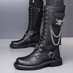 Category:Boots; Upper Materials:PU Leather; Lining Materials:PU; Embellishment:Rivet,Buckle; Gender:Men's; Toe Shape:Round Toe; Outsole Materials:Rubber; Closure Type:Lace-up; Function:Comfortable,Slip Resistant; Listing Date:10/11/2024; 2024 Trends:Biker boots Motorcycle Suits Men, Skull Motorcycle, Men’s Boots, Gothic Skull, Leather Lace Up Boots, Fashion Suits For Men, Steampunk Style, 2024 Trends, Biker Boots