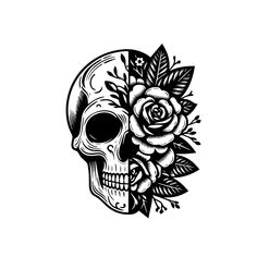 a black and white skull with roses on it