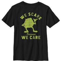 There's nothing scary about fun fashions like this officially licensed Pixar Monsters Inc Boys' Graphic T-Shirt. Your favorite monster, Mike, is decorated by doorways and the text "We Scare Because We Care" in bright colorful print on this adorable youth t-shirt. Get ready to scare in style with a cute Pixar tee today! Disney Shirts Vinyl, Boys Disney Shirts, Randall Boggs, Monsters Inc Mike, Mike From Monsters Inc, Disney Clothes, Mike Wazowski, Teacher Things, Closet Door