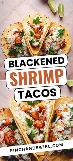 three blacked shrimp tacos on top of each other