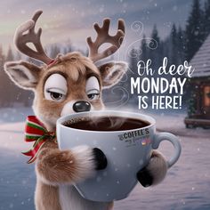 a reindeer holding a cup of coffee with the caption oh deer monday is here