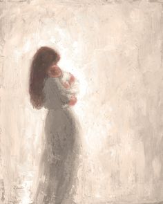 a painting of a woman holding a baby while standing in front of a white wall