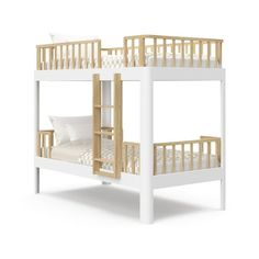 two white bunk beds with wooden ladders against a white background and pillows on the bottom bed