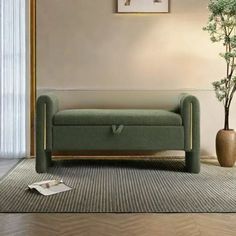 a living room with a green couch and potted plant on the floor next to it