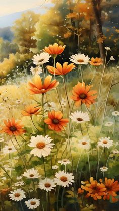 a painting of orange and white flowers in a field