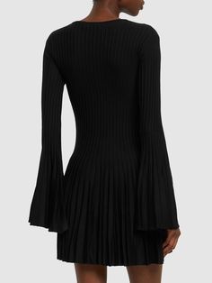 Front cutout. Pleated cuffs and hem. Model is wearing a sizeS Bluemarine Black Dress, Blumarine Dress, Black Long Sleeve Mini Dress, Wool Knitted Dress, Knit Long Sleeve, Wool Knit, Long Sleeve Mini, Shearling Jacket, Long Sleeve Mini Dress