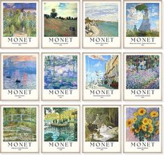 twelve monet paintings are shown in different styles and sizes, each with their own name