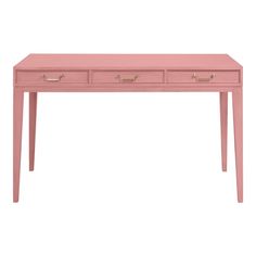 a pink desk with three drawers and two handles on the top, against a white background