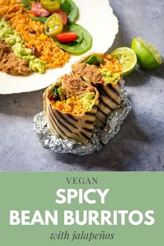 vegan spicy bean burritos with jalapenos on a white plate