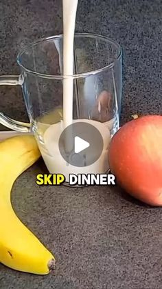 a banana, orange and milk being poured into a glass on the ground with text reading skid dinner