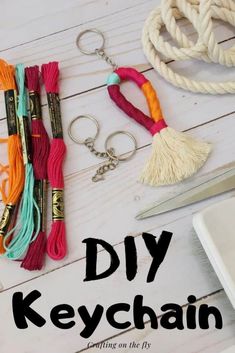 the diy keychain is made from yarn and tassels with scissors