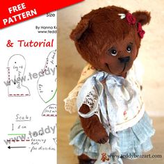 Happy to share with you a free jointed teddy bear in the dress pattern tutorial. It includes a list of necessary materials, sewing tips, and a bear face designing guide (in addition – a rococo rose embroidery guide technic). Dress Patterns Free Sewing, Bear Embroidery Pattern, Teddy Bear Dress, Embroidery Guide, Teddy Bear Making, Bear Clothing, Bear Dress, Bear Embroidery