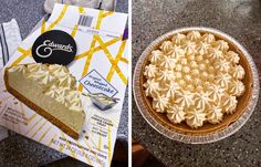 two pictures side by side one has a pie and the other has a box of cheesecakes