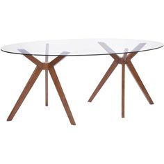 a round glass table with wooden legs