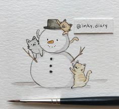 a watercolor drawing of a snowman and two cats with the caption inky diary