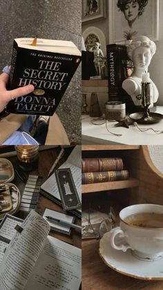 there is a collage of photos with books and cups on the table in front of them