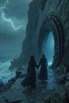 two people holding hands in front of a dark tunnel on the ocean with lightning above them