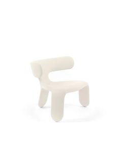 a white plastic chair sitting on top of a white floor