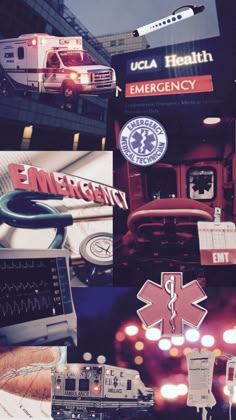 the collage shows emergency vehicles, medical equipment and other things in front of them