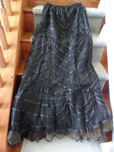 Made of silk with pleating on lower part of skirt. Netting overlay with silk ribbon running through out. 2 hook 'n eye closures, A fabulous skirt/gown that is 50" long with a waist of 28"..  Photos don't show its true beauty! Item # 7S-50 Evening Silk Skirt With Ruffles, Silk Ruffle Skirt For Evening, Formal Silk Skirt With Ruffles, Silk Long Skirt Dress With Ruffles, Silk Ruffle Skirt For Formal Occasions, Evening Long Skirt With Attached Cancan, Eclectic Outfits, Dumpster Diving, Silk Tulle