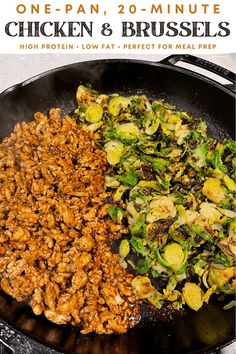 an image of chicken and brussel sprouts in a skillet with text overlay