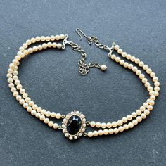 Vintage 2 Strand Pearl Choker With Central Black Pendant, Pearl Choker, Bridal Pearls, Vintage Bridal, - Etsy Pearl Choker Necklace, Black Pendant, Vintage Bridal, Vintage Pearls, Pearl Choker, Bridal Pearls, Faceted Glass, Design Set, Choker Necklaces