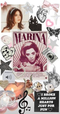 a collage with many different pictures and words on it, including an image of a woman's face