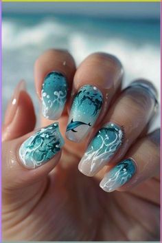 July Nails Ideas 2024, Sea Nails Designs, Pretty White Nails, Dolphin Nails, Beachy Nail Designs, Ocean Nail Art, Ocean Nail, Ocean Nails, Wave Nails