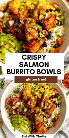 two bowls filled with crispy salmon burrito bowls