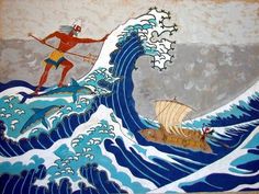 a painting on the side of a wall depicting a man riding a boat in a wave