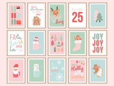 christmas cards with different types of holiday greetings in pink, blue and green colors