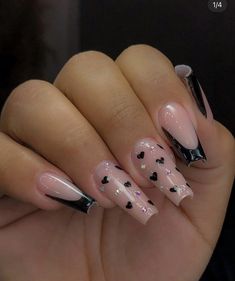 Nails With Black Heart Design, Black Nails Heart Design, Pink And Black Nails With Heart, Black Nails With Hearts Art Designs, Black Nails With A Pink Heart, Beginner Nail Designs, Nails Designer, Glitter Accent Nails, Diy Acrylic Nails